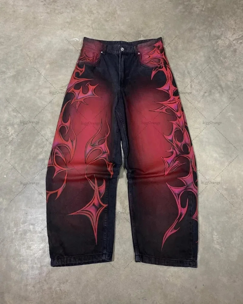 Y2K Loose Gothic Punk Pattern Printed Jeans Street Clothing Hip Hop Straight Pants High Street Harajuku Retro Loose Casual Trousers 250210
