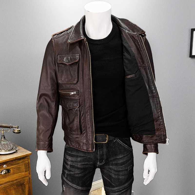 Retro reddish brown autumn leather jacket mens hunting style Plus size 6XL natural denim four pocket leather coat X250213