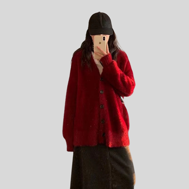 New autumn lazy wind lantern sleeves imitation mink fleece loose sweater casual knitted cardigan jacket women's thick