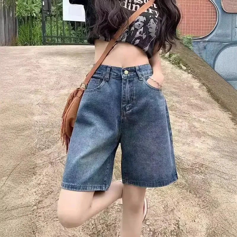 Korean Style Simplewashingdenim Womens High-Waisted Slimming Straight-Leg Wide-Leg Mid-Length Trendy Shorts Summer 250210