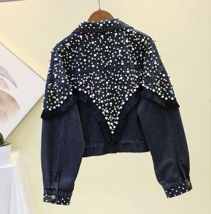 Whole sale woman jean jacket denim pearl beaded diamond long sleeve coat ladies denim jacket women 250213
