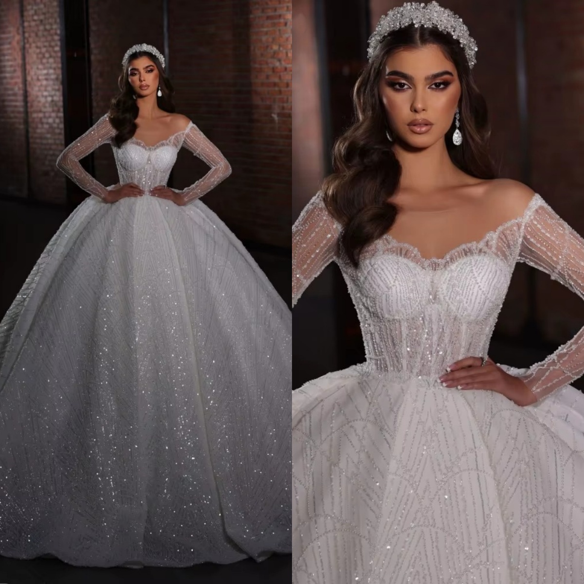 Ball Gown Wedding Dress For Women Scoop Neck Long Sleeves Bridal Gowns Sequins Sweep Train Dresses Custom Made vestidos de novia