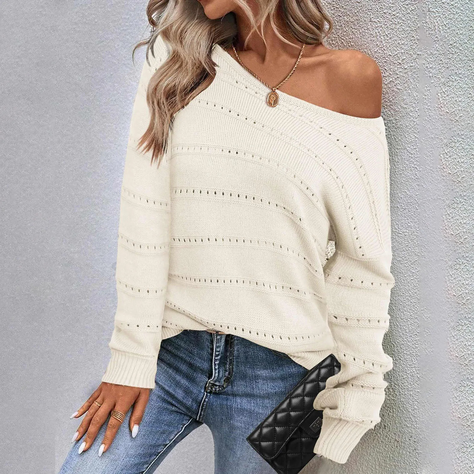 Womens Off The Shoulder Sweaters Sexy Long Sleeve Hollow Out Crochet Dressy Pullover Casual Fashion Outfits For Women Soft Y2k 250210