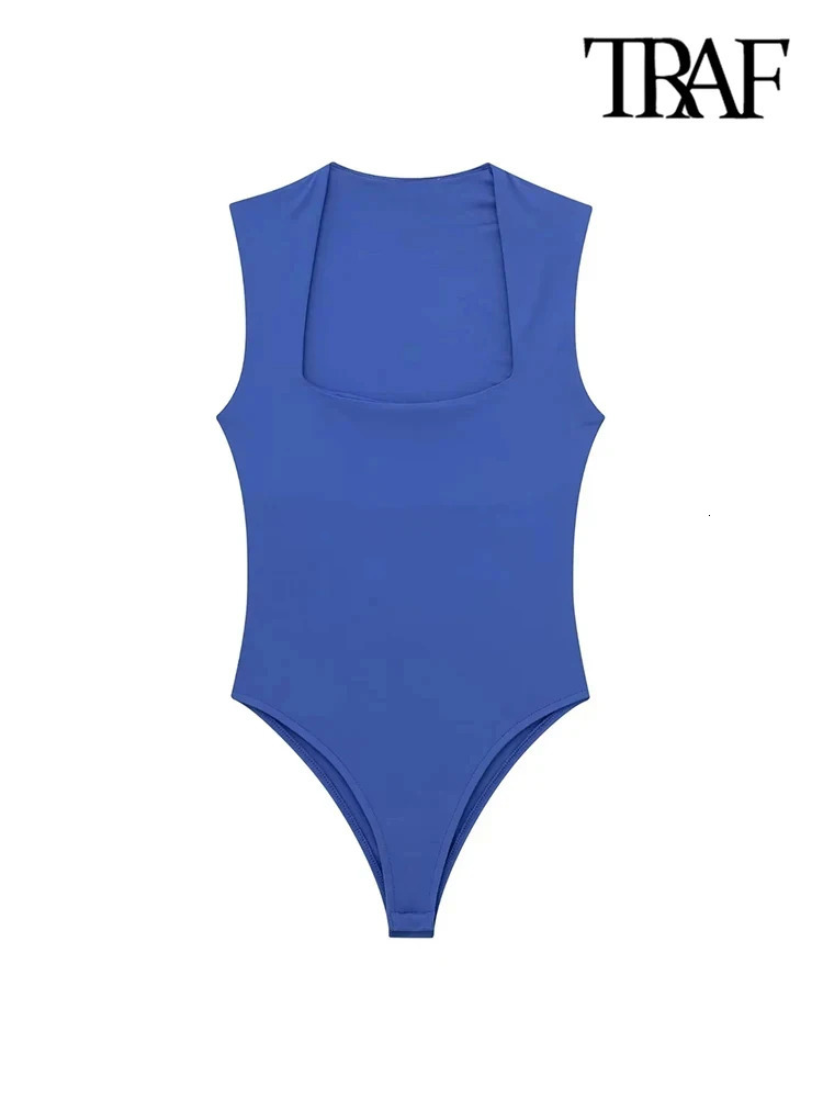 TRAFSkinny Bodysuits for Women Sexy Fashion Square Neck Sleeveless SnapButton Female Playsuits Mujer 250211