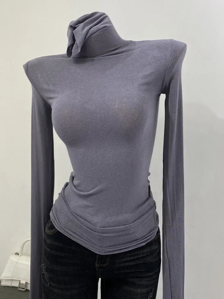 Turtleneck ultra-thin high-quality plain weave T-shirt for women cotton elastic basic womens top long sleeved sexy thin T-shirt See Through 250208