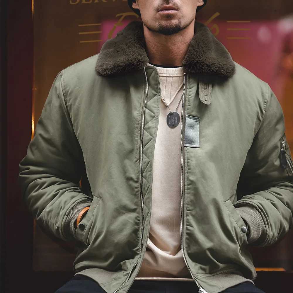 Maden Retro B15 Bomber Jacket Mens Artificial Rabbit Fur Collar Signature Arm Pocket Winter Thickened Windproof Coat Park X250213