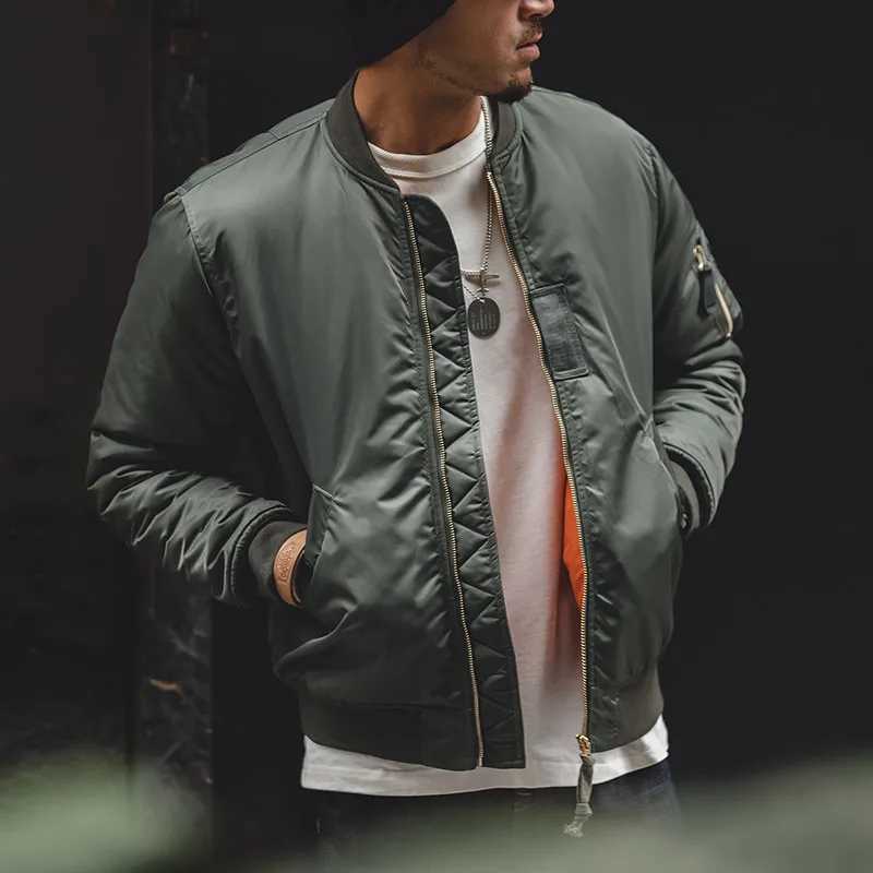 Maden Vintage MA1 Pilot Jacket for Mens Winter Green Cotton Thickened Coat Baseball Pockets Flight Zipper Jacket Outwear Tops X250213