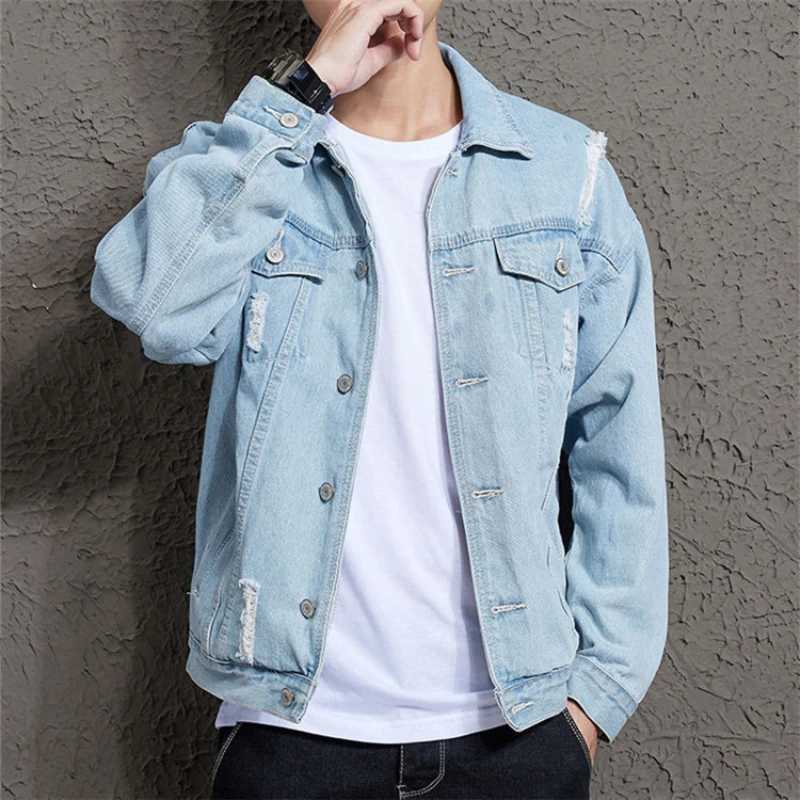 Spring and Autumn New Mens Casual Loose Work Coat Trendy Hole Denim Jacket X250213