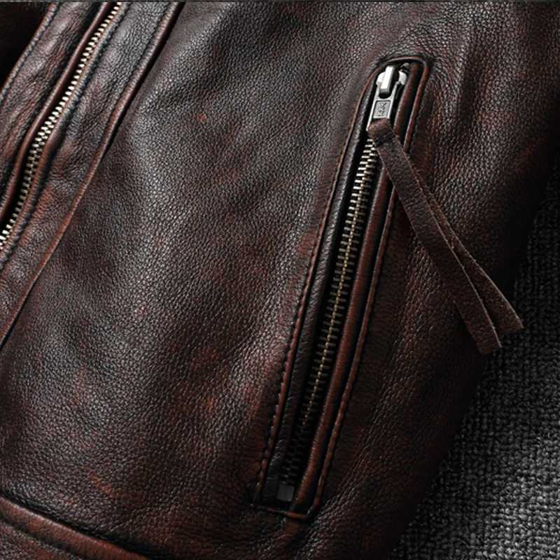 Top layer Cow Oversized Leather Jacket Red-Brown American retro Motorcycle Style Color Distressed High Sense Coat X2502131