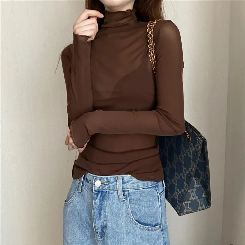 Sexy Women T Shirt See Through Transparent Mesh Tops Long Sleeve Sheer Slim Ladies Solid Turtleneck Silk T-Shirt Lace Crop Top 250208