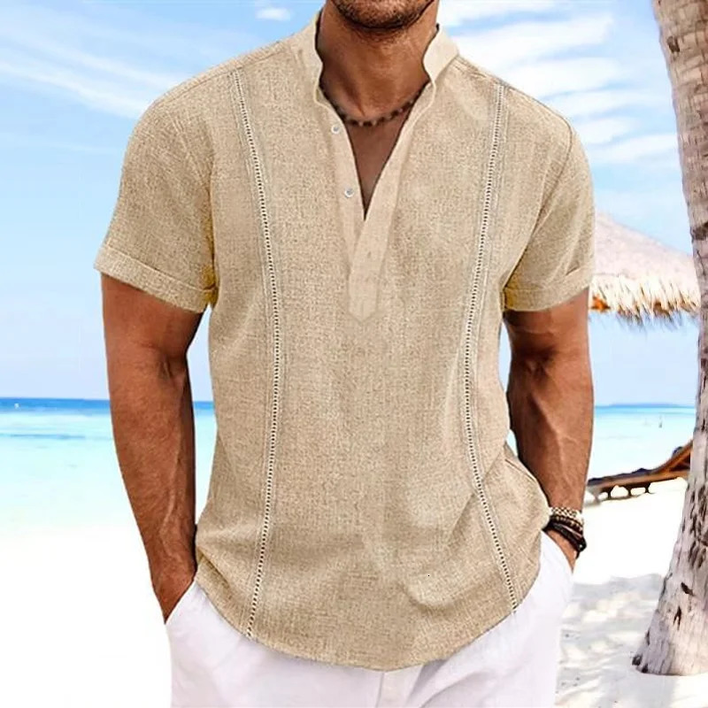 Mens stand collar solid color Cuban cotton hemp beach pullover short-sleeved slim-fit quick dry suction Han-white sports mens 250211