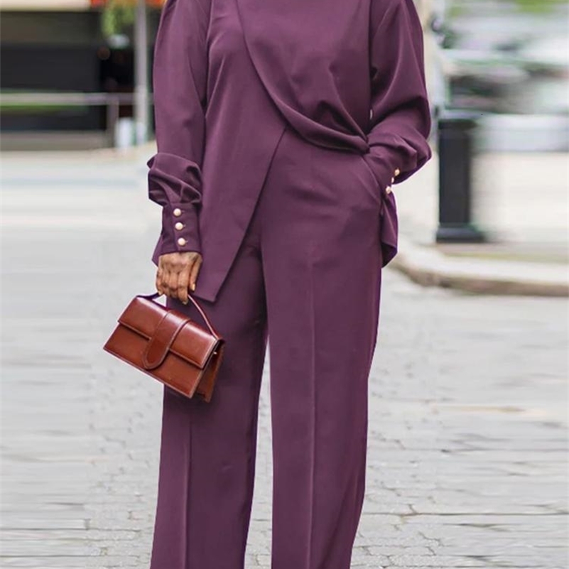 Plus Size VONDA Women Autumn High Neck Suits Solid Color Long Sleeve Matching Sets Elegant Split And Wide Leg Trousers 2PCs y250122