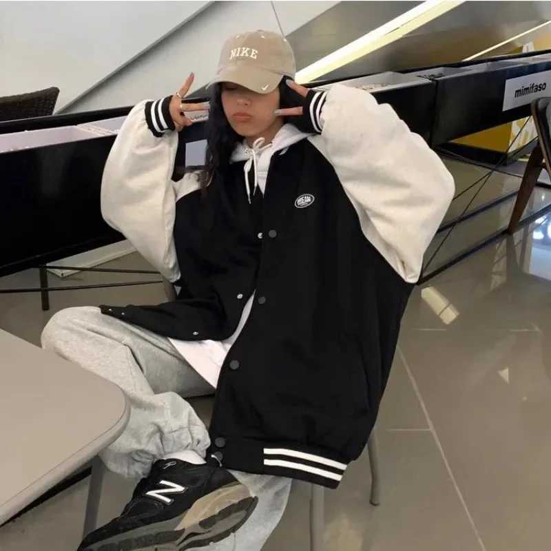 Bomber Jackets Loose Fashion Patchwork Outerwear Hooded Women Long Sleeve Y2k Preppy Style American Vintage Blue White Coats X250213