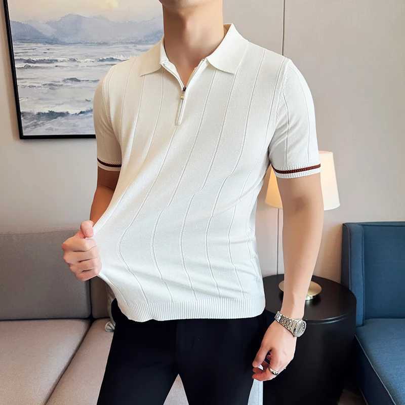 High Elastic Slim Fit Men Short Sleeve Knitted Polo Shirt 2024 Summer Light Thin Solid Striped Casual Lapel T-shirt Men Clothing X250213
