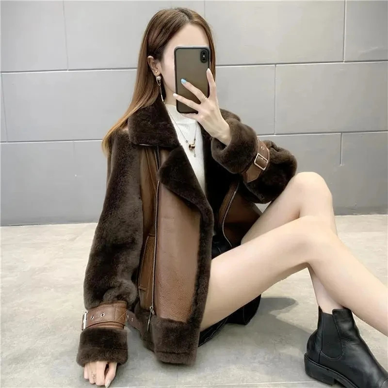 Oversized 5XL Lamb Leather Spliced Jacket Womens 2024 AutumnWinter Short Warm Coat Female Motorcycle Zipper Outwear Tops 250113