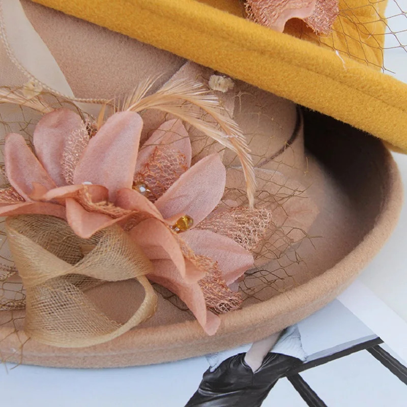 Women Warm Wool Felt Flowers Hat Ladies Wide Brim Autumn Winter Elegant Girls Fashion Party Cap Decoration 250118