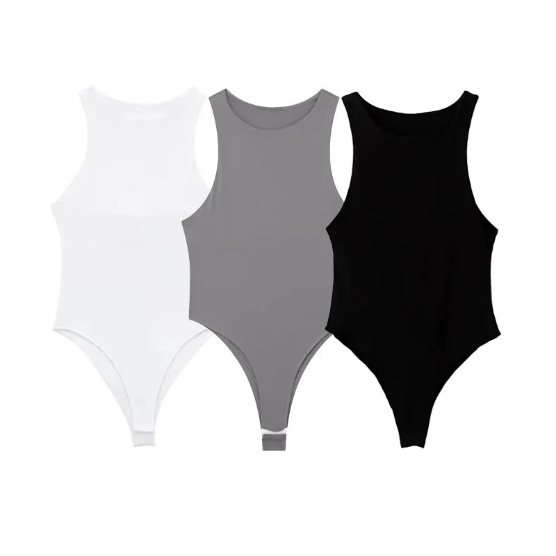 TRAF Knitted Bodysuit Autumn Tank Top Ladies Fashion Casual Sexy Sleeveless White Grey Black Body Clothes Woman 250211