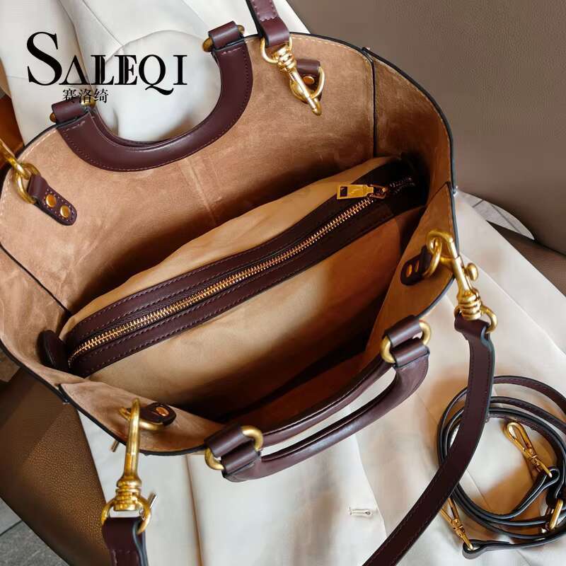 New Genuine Leather Women's Retro Casual Contrast Tote Commuting Large Capacity One Shoulder Handbag Crossbody Bag
