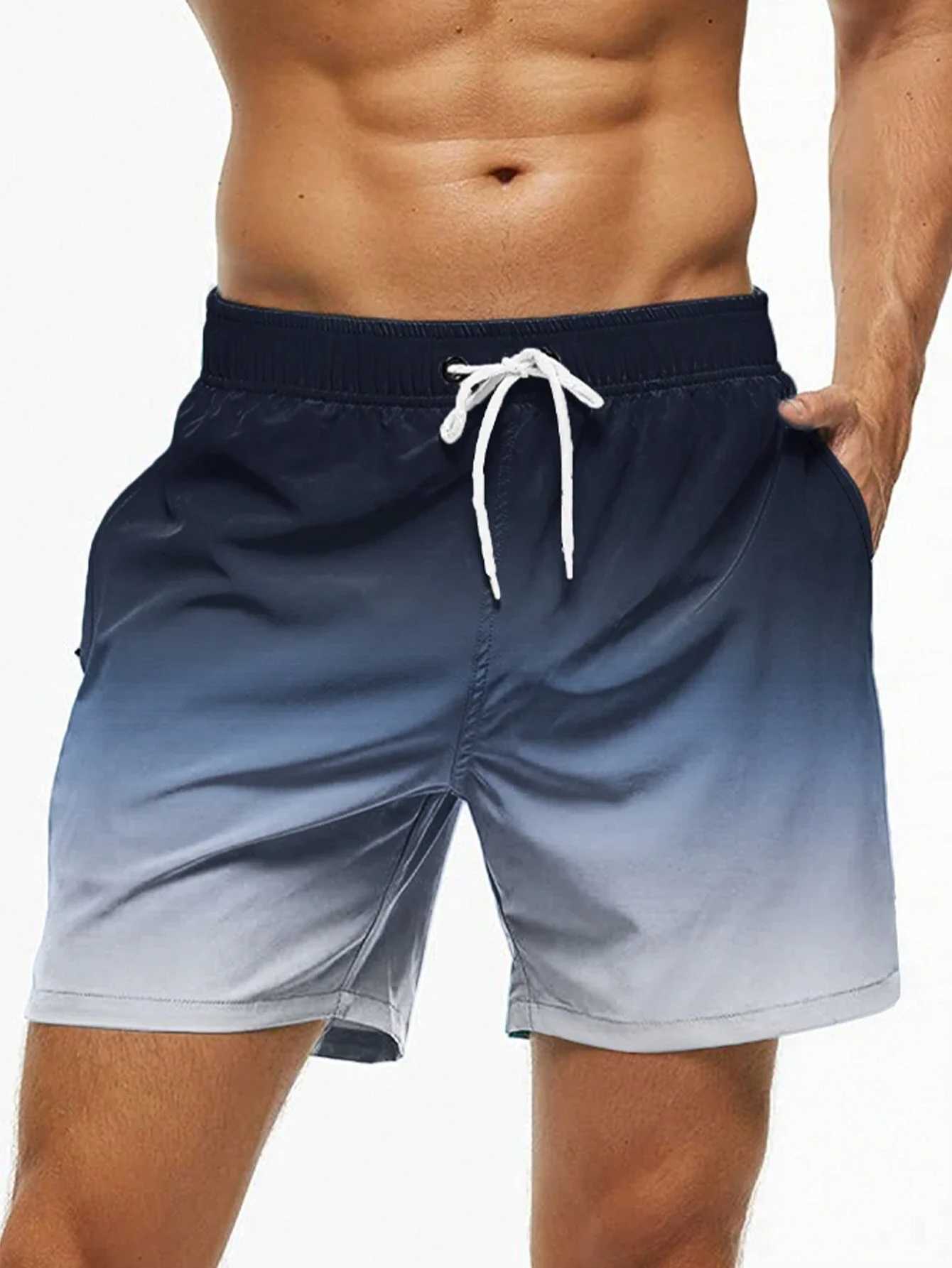 Mens beach shorts gradient color block brushed summer mens swimming trunks elastic waist 3D printed breathable short sleeves Z260314