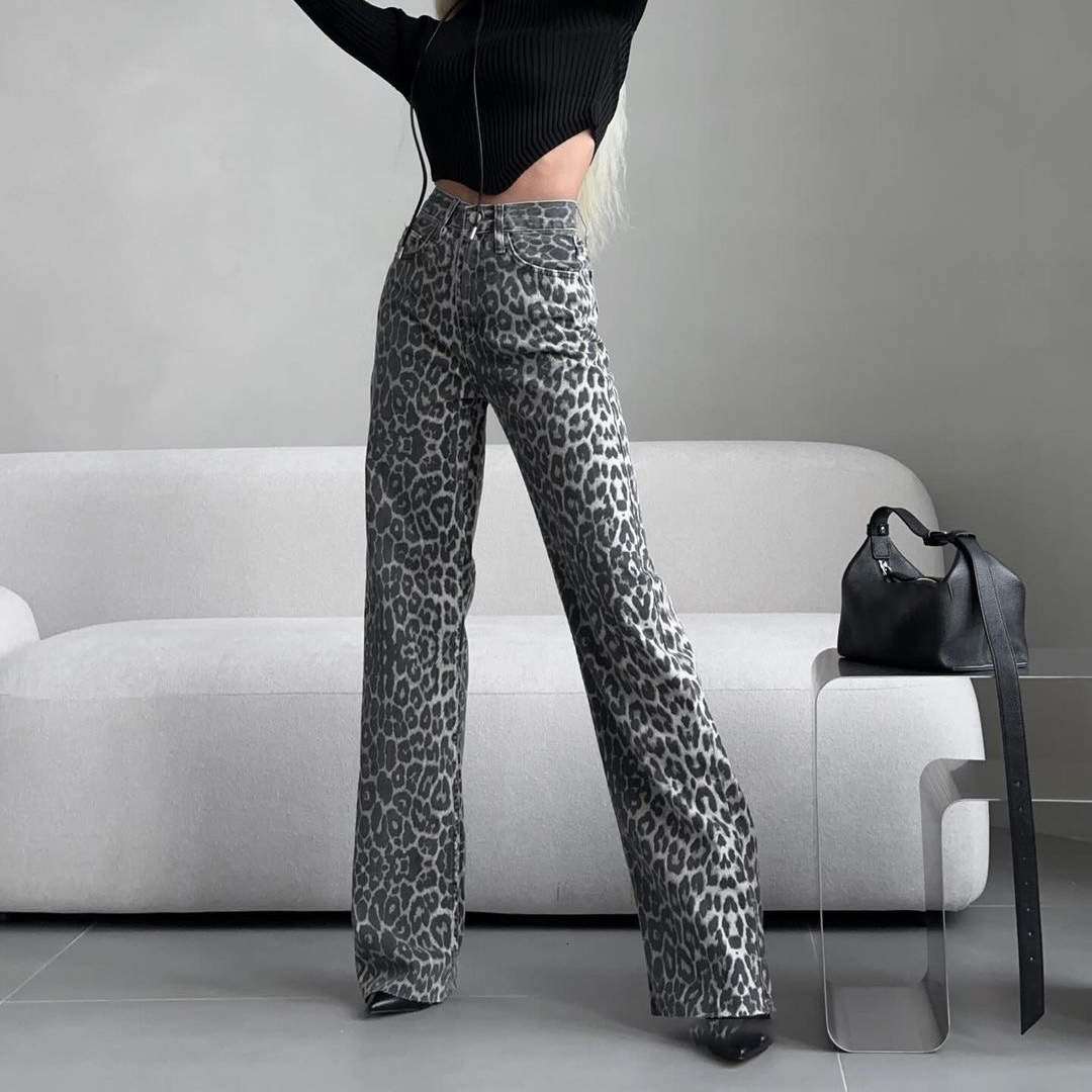 2025 New Spring And Summer Fashion Baggy Leopard High-Waisted Straight Leg Button Pants Leisure Elastic Women Jeans
