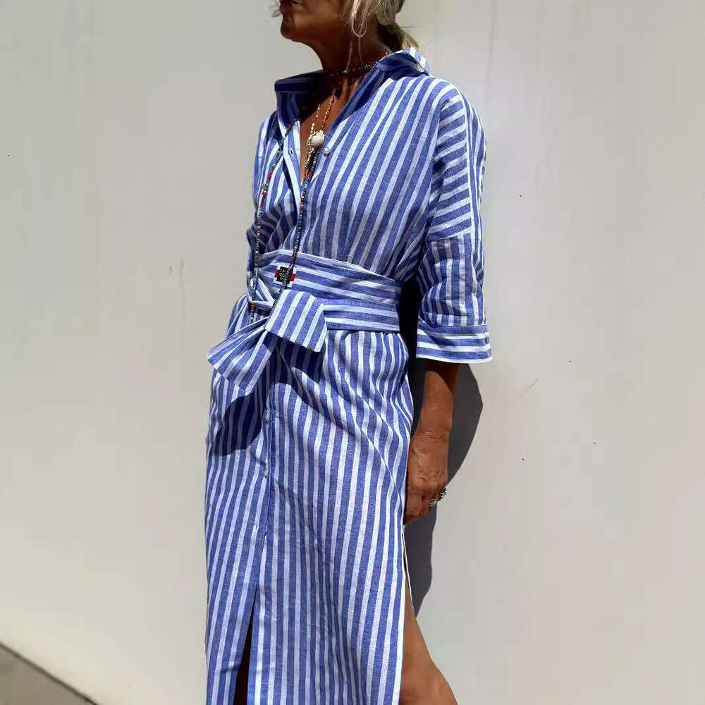 European and American women's five quarter sleeve striped cardigan, lapel shirt dress 8061, 2025 new casual versatile fashion clothing