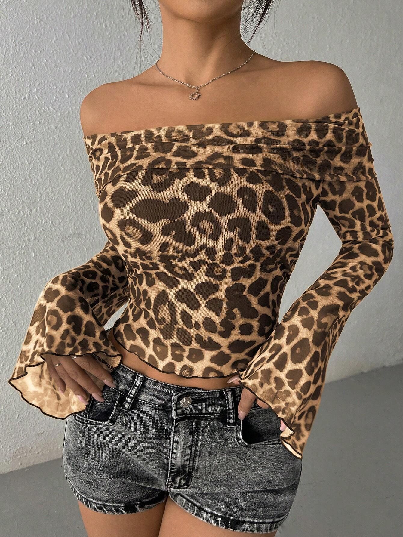 X016 New Sexy One Shoulder Long Sleeve T-Shirt Leopard Mesh Top Sexy Hot Girl