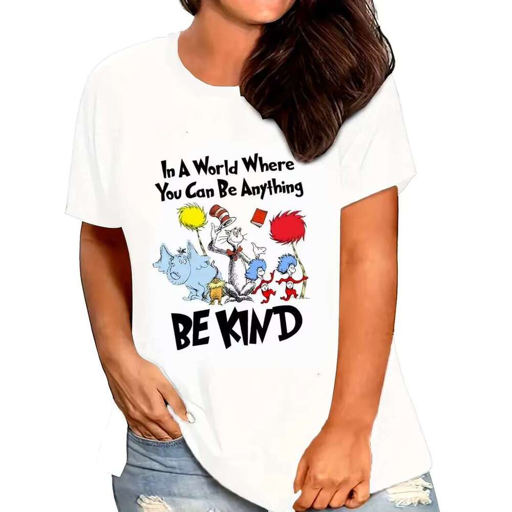 Size Casual T-Shirt Women's Plus Animal & Letter Print Short Sleeve Round Neck Medium Stretch Top
