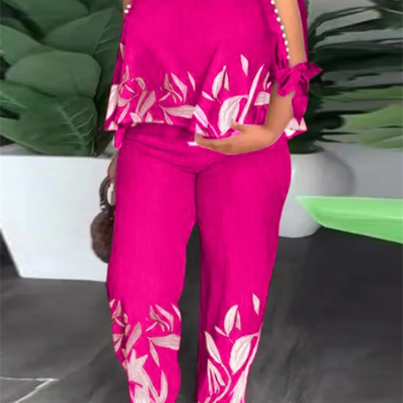 Plus Size 5XL VONDA Pant Sets 2024 Autumn Women Cold Shoulder 2pcs Casual 34 Sleeve Tops Printed Bohemian Matching y250122