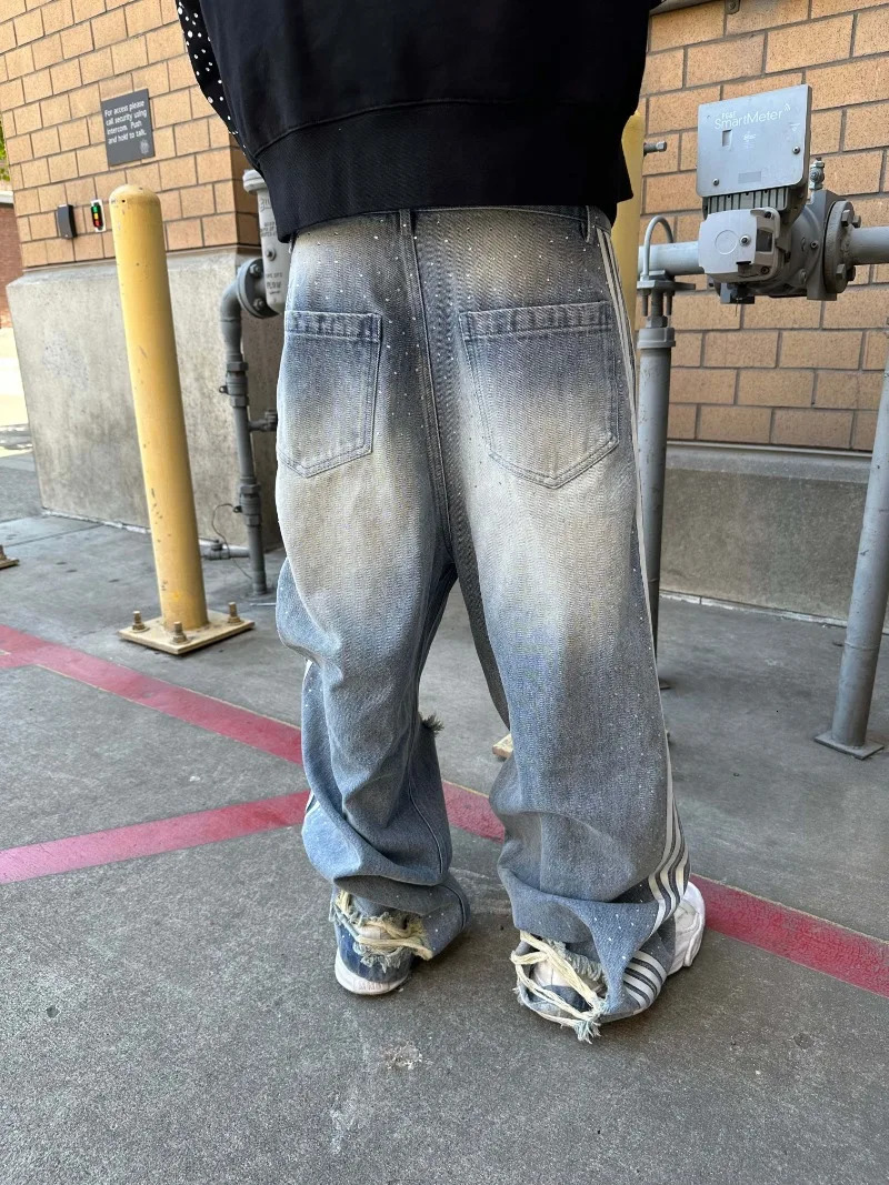 Y2K baggy jean American street style hole phantom fashionable lines floor length pant Gothic washed Cat whisker hip hop men pant 250213