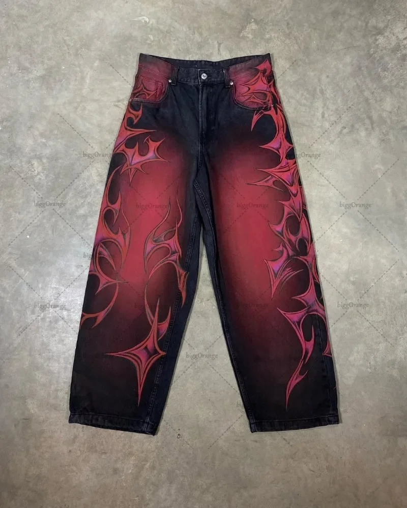 Y2K Loose Gothic Punk Pattern Printed Jeans Street Clothing Hip Hop Straight Pants High Street Harajuku Retro Loose Casual Trousers 250210