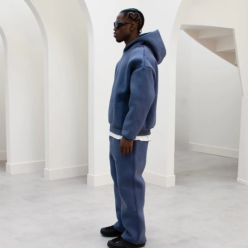 Casual Solid Hooded Pullover Straight Pants 2 Piece Set Tracksuit For Male Fashion Loose Hoodies Sweatshirt Wide Leg Sweatpants 250120