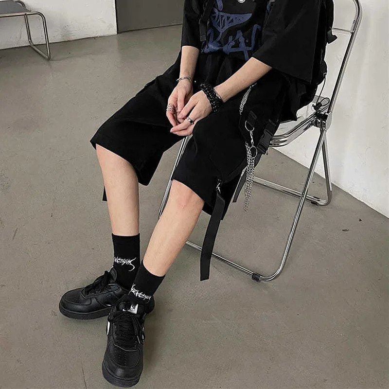 Casual Loose Cargo Shorts Women Harajuku Hip Hop Punk Large Pocket Wide Leg Shorts Fashion Chain High Waist Joggers Short Pants 250210