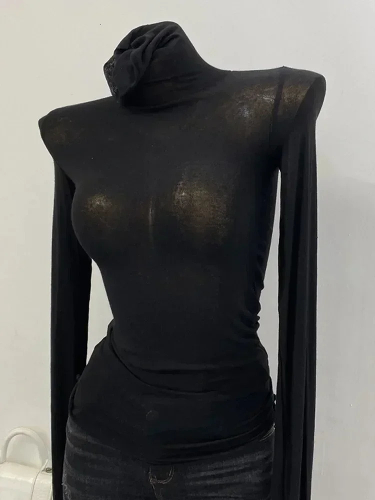 Turtleneck ultra-thin high-quality plain weave T-shirt for women cotton elastic basic womens top long sleeved sexy thin T-shirt See Through 250208