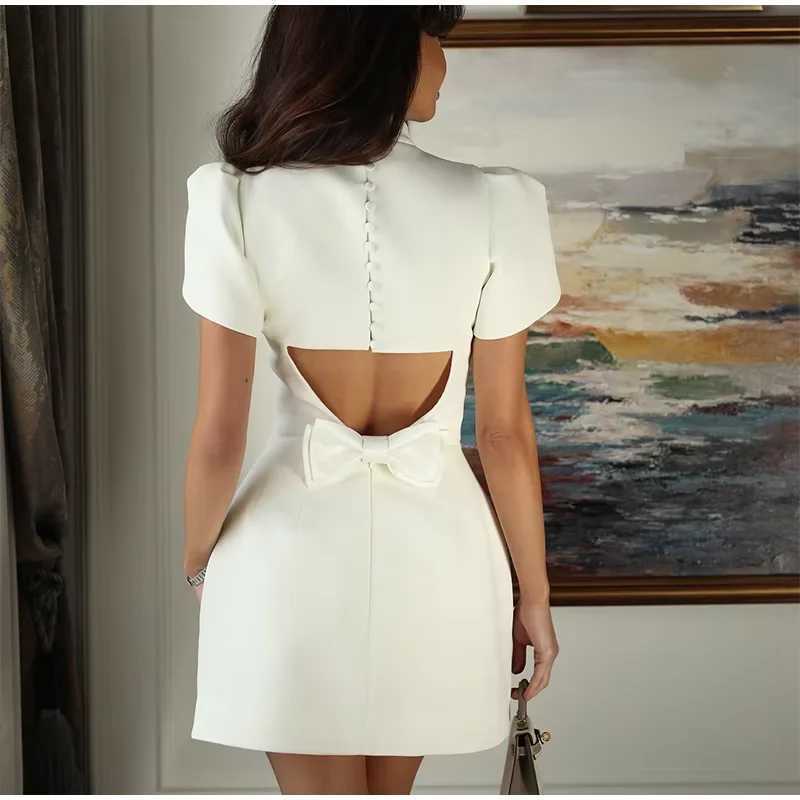 Elegant Womens White Bow Hollow Out Chic Mini Dress Luxury Short Dresses Casual Black Red Evening Party Dresses Birthday SummerT250211
