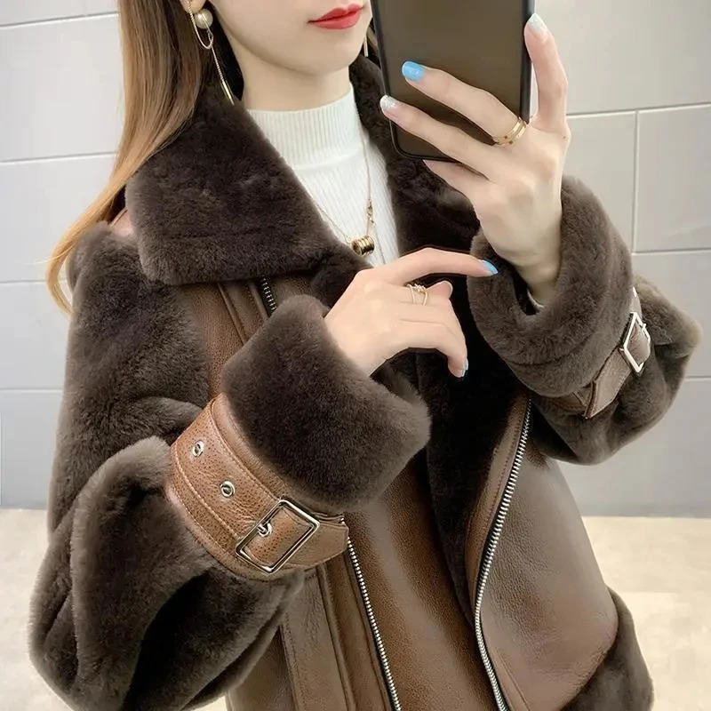 Oversized 5XL Lamb Leather Spliced Jacket Womens 2024 AutumnWinter Short Warm Coat Female Motorcycle Zipper Outwear Tops 250113