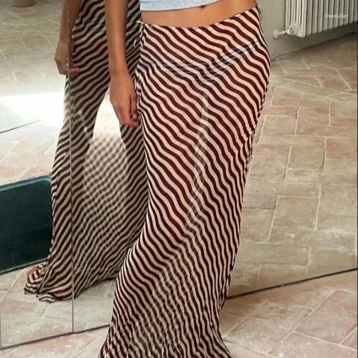 Waves Striped Skirts Women Sexy See Through Chiffon Long Summer Fashion High Waist Holidays Party Beach