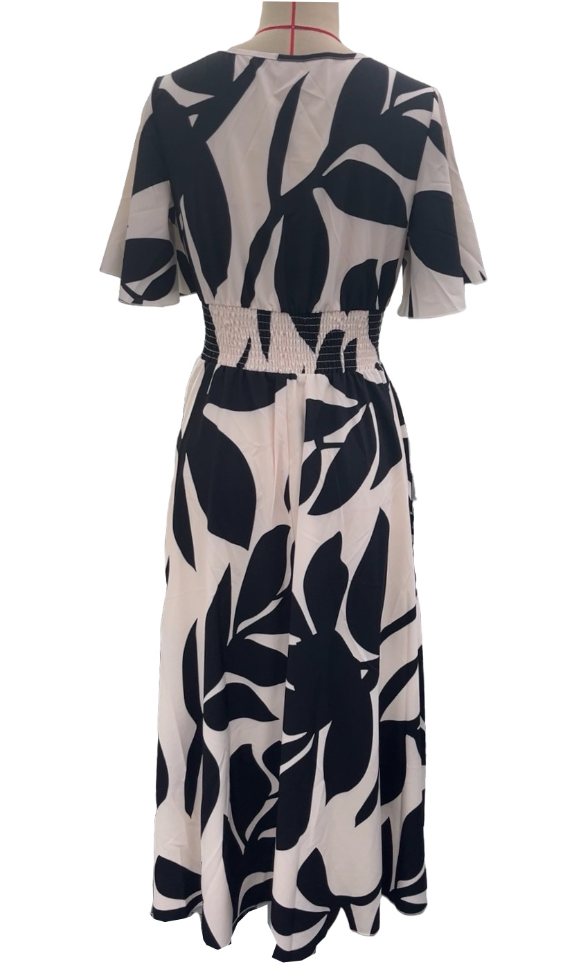 X135 Summer New Elegant Women's Cross Neck Belt Floral Print Slit Dress