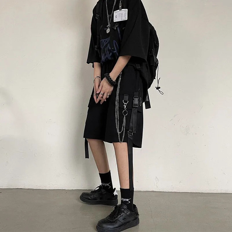 Casual Loose Cargo Shorts Women Harajuku Hip Hop Punk Large Pocket Wide Leg Shorts Fashion Chain High Waist Joggers Short Pants 250210