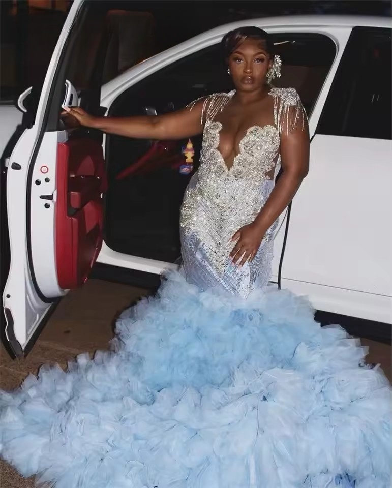 Sparkly Mermaid Prom Beading Dias Crystal Elegant Senior Birthday Party Dress 2025 Ruffles Tiered Customized