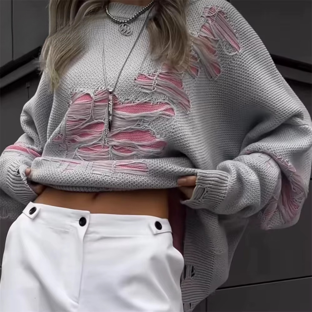 Yaminiya Autumn Sweater Tattered Women Clothing O-Neck Long Sleeve Top Y2k Sweate Women's Jumper Fashion 2025 New