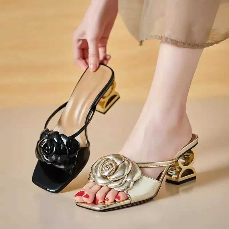Women Shoes 2024 New Summer Fashion Flowers Black Beige Gold Dress Party Wedding Female Sandals Big Size Y250213