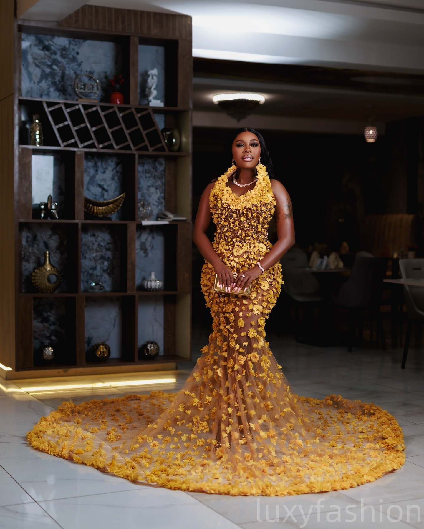 Aso Ebi 2025 Yellow Illusion Mermaid Prom Dresses Flowers Beaded Luxurious Evening Formal Party Second Reception Birthday Gowns Dress For Special Occa
