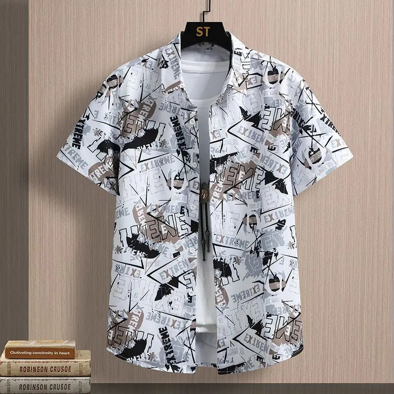 Simplicity Summer Shirts Ice Silk Mens Square Collar Striped Printing Pockets Single Breasted Fashion Loose Short Sleeve Tops 250211