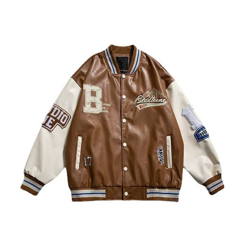 Spring and Autumn New American Retro PU Leather Embroidered Jacket Mens Fashion Street Loose Color Matching Bomber Jacket X250213