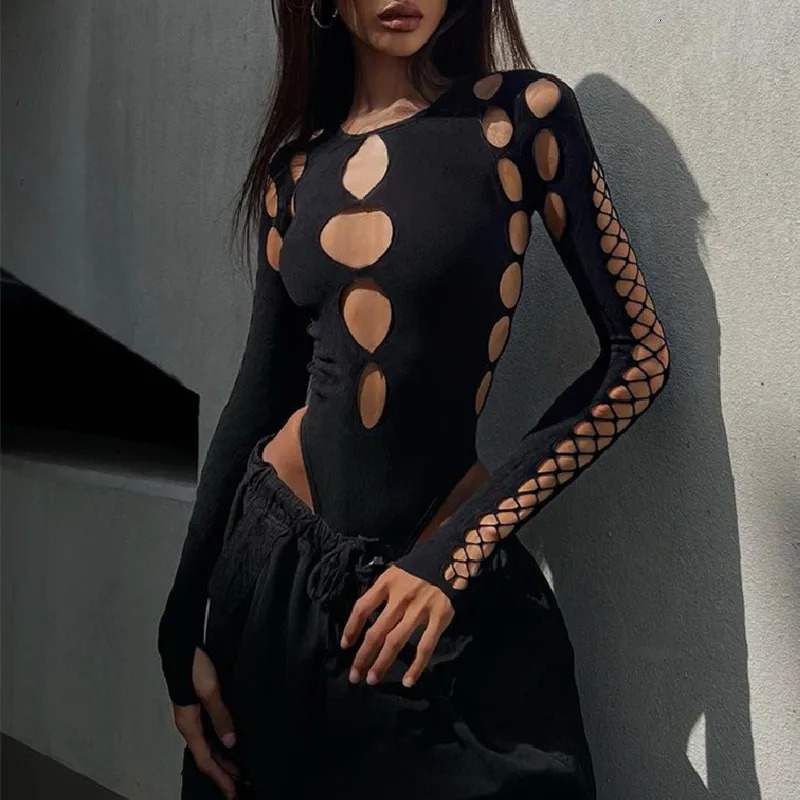 Candy Sexy Dot Hollow Out Bodysuit Y2K Gothic Punk Long Sleeves Bodycon Tshirt Women Autumn Streetwear Slim Bodice Bodysuits 250211
