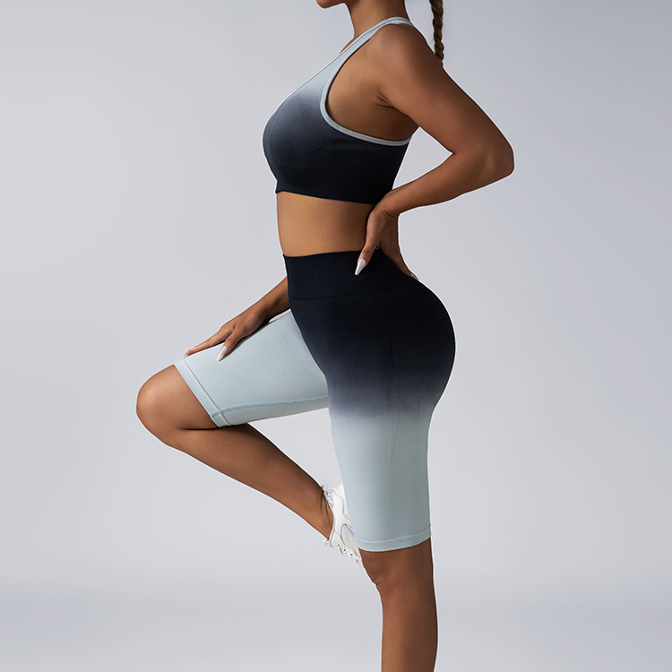 Advanced women's designer casual two-piece gradient hanging dye yoga set beautiful back bra peach hip shorts fitness clothes sportswear