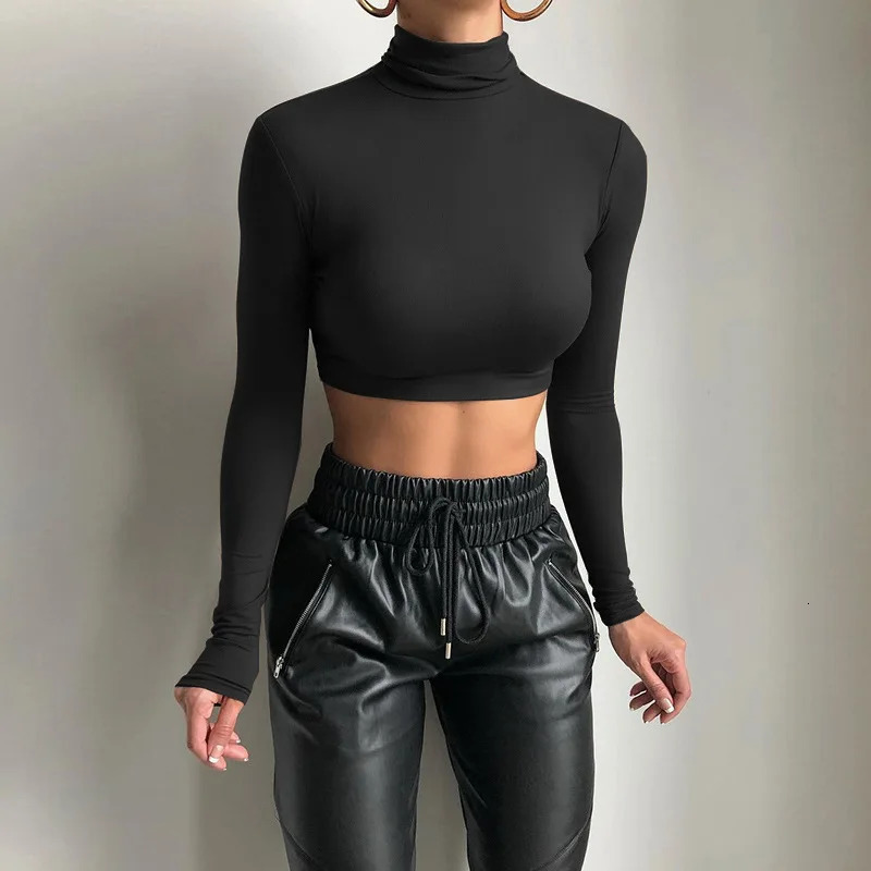 Fall Winter Long Sleeve Crop Top Women Shirts Harajuku Solid Black Streetwear Sexy Clothes Turtleneck Basic Short T Shirt Femme 250211