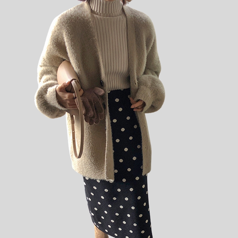 New autumn lazy wind lantern sleeves imitation mink fleece loose sweater casual knitted cardigan jacket women's thick