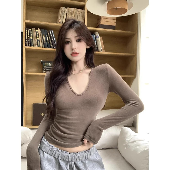 Women Tshirt Solid Thermal Underwear Long Sleeve Casual Autumn Winter U Neck Sexy Slim Thin Velvet Heating Fiber Cropped Tops 250211