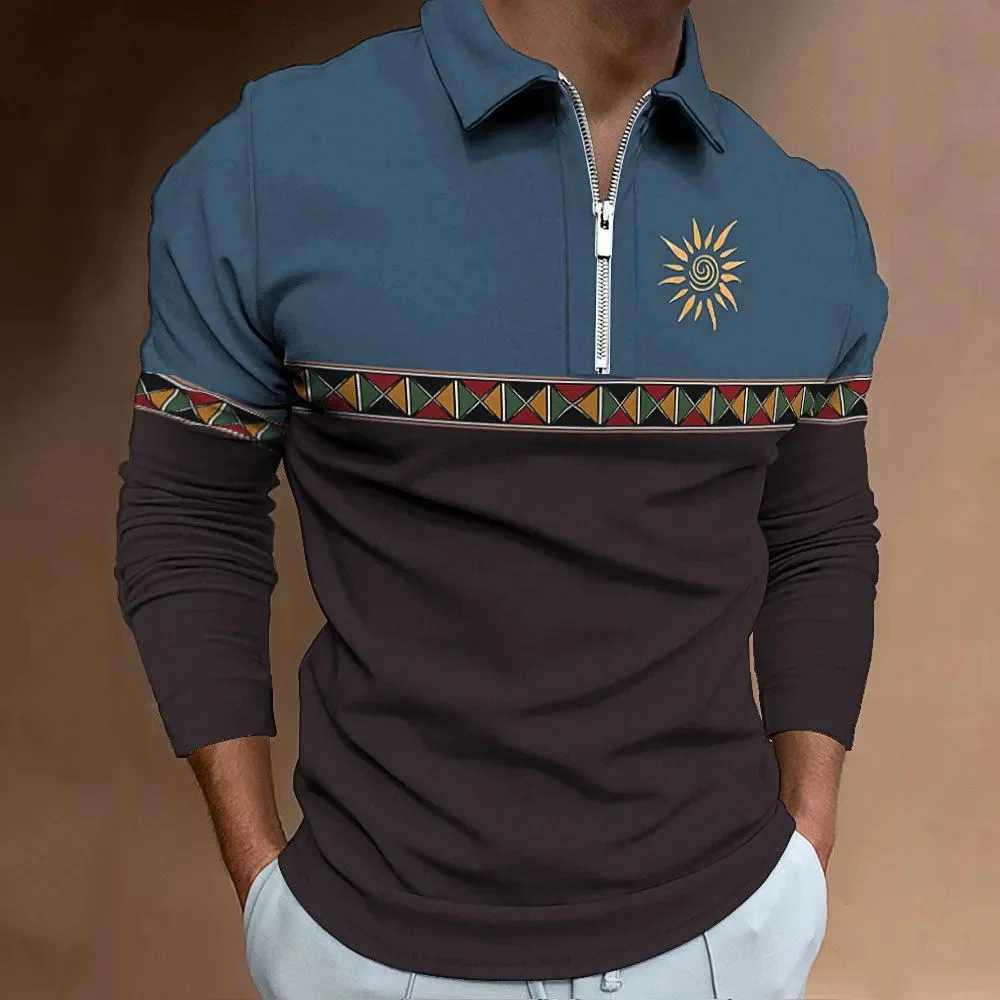 Mens polo shirt retro color printed fashionable sports lapel clothing mens T-shirt top casual zipper long sleeved clothing X250213